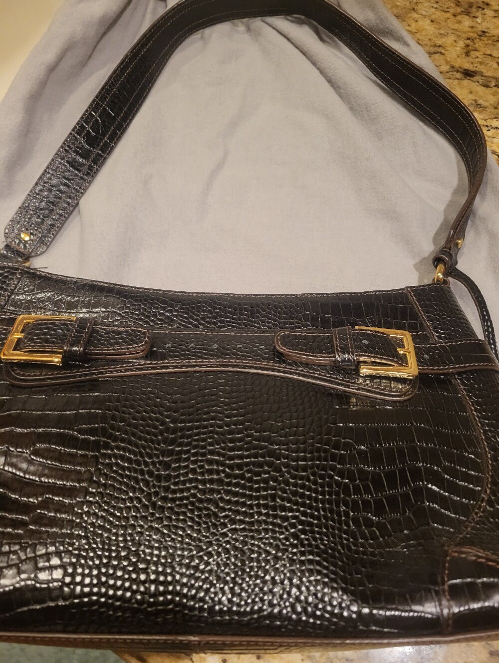 Aigner Black 12 x 8 In. Hobo Croc-Embossed Shoulder Bag with Gold Buckle Details